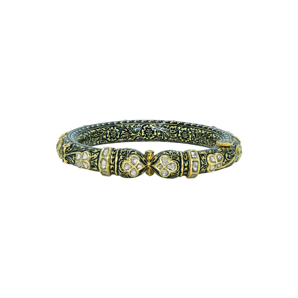 Polki Bangle with Black Enamel and Floral Motifs